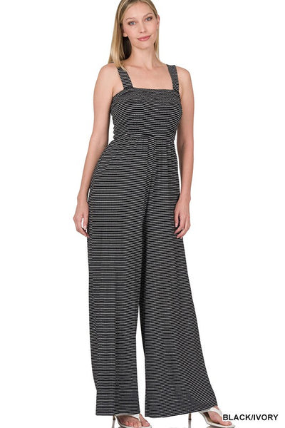 SMOCKED TOP STRIPED JUMPSUIT