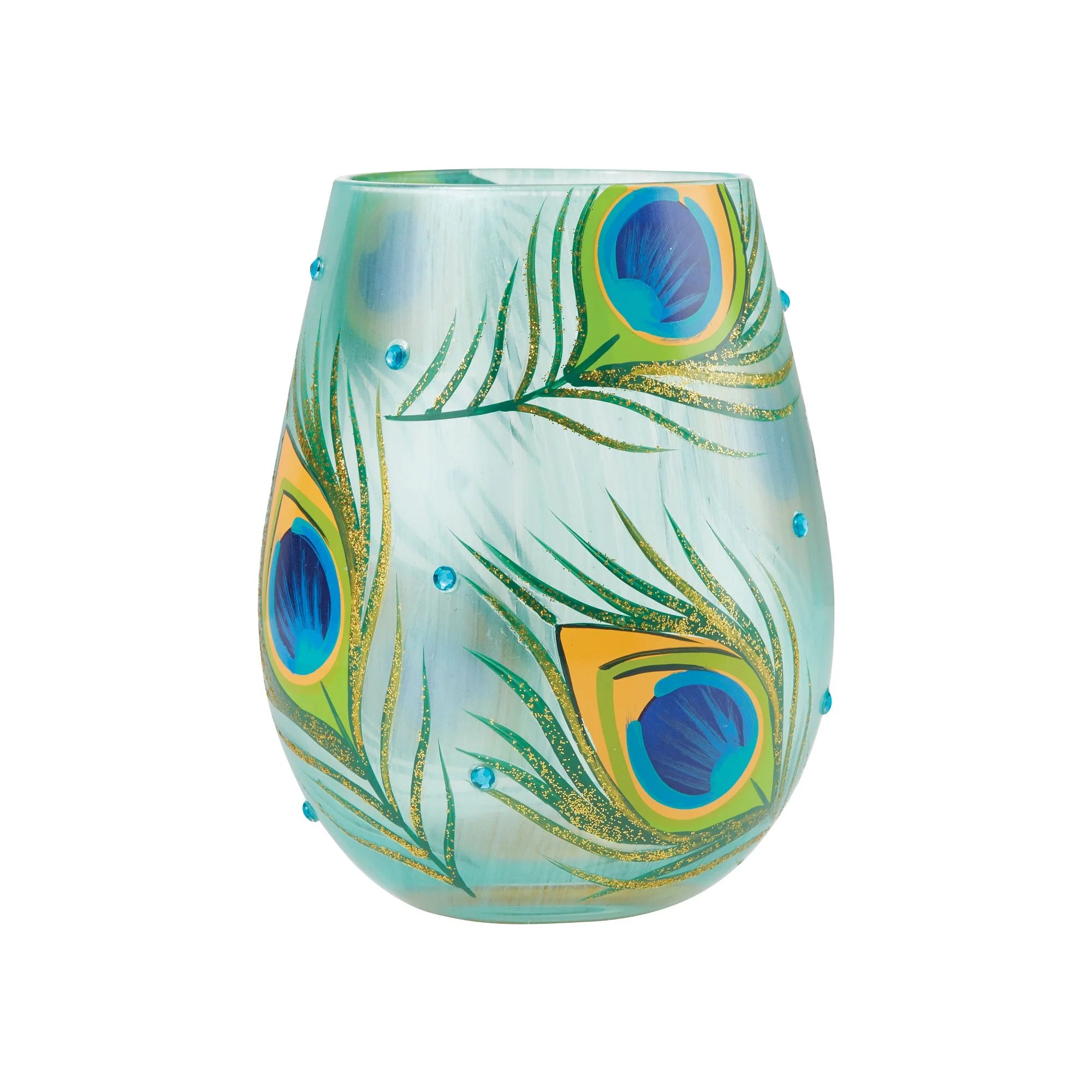 Hand Painted Peacock Stemless Wine Glass