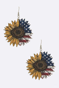 Flag Print Sunflower Wooden Earrings