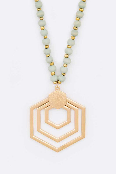 Honeycomb Shape Pendant Wooden Beads Long Necklace
