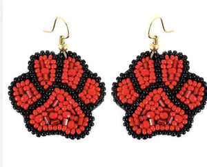 Red & Black Paw Seed Beaded Earrings