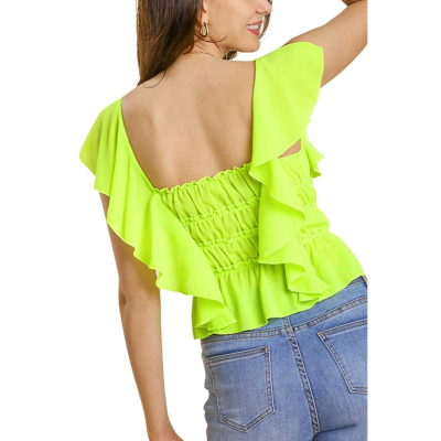 Lime Ruched Ruffle Sleeveless Top